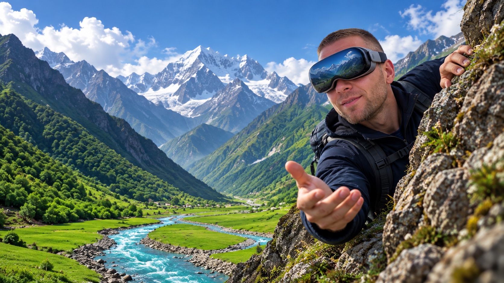 Автор проекта выглядывает из-за горы в VR-очках и зовёт на конкурс Топовысок